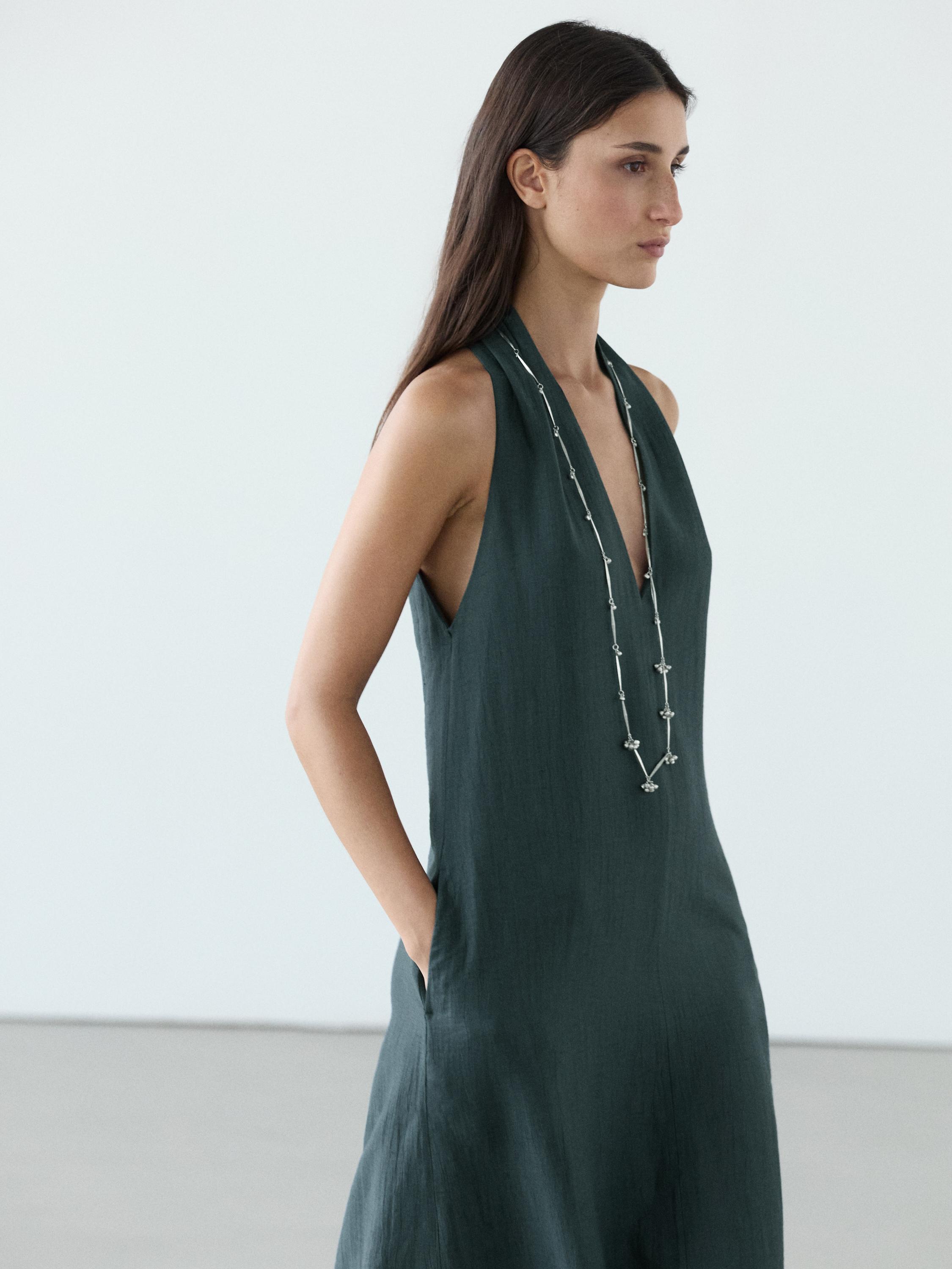Linen blend midi dress with V-neckline